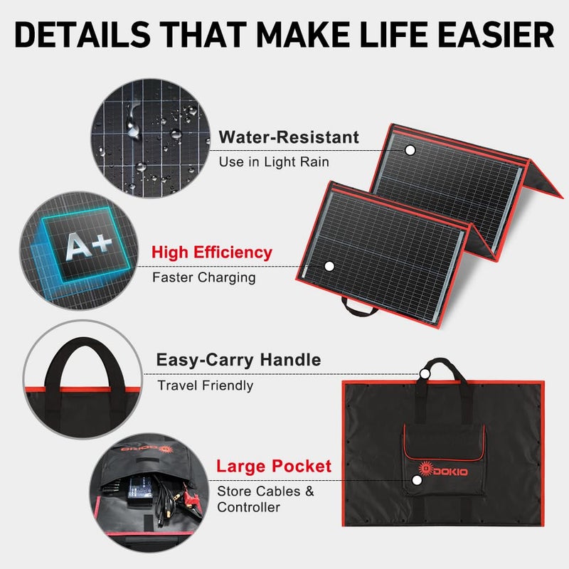 DOKIO 200W Portable Foldable Solar Panel Kit, Compact 20x26.4in Design 9.7lb with Standalone Controller and USB, Monocrystalline Charger for 12V Batteries, Power Stations, RV Camping Emergency Use - Image 4