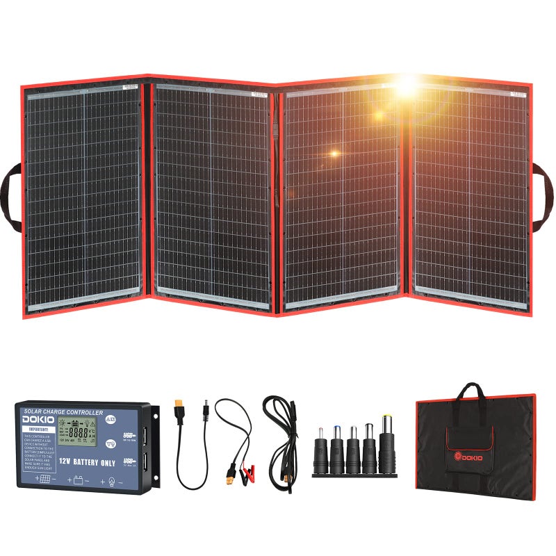 DOKIO 200W Portable Foldable Solar Panel Kit, Compact 20x26.4in Design 9.7lb with Standalone Controller and USB, Monocrystalline Charger for 12V Batteries, Power Stations, RV Camping Emergency Use - Image 1