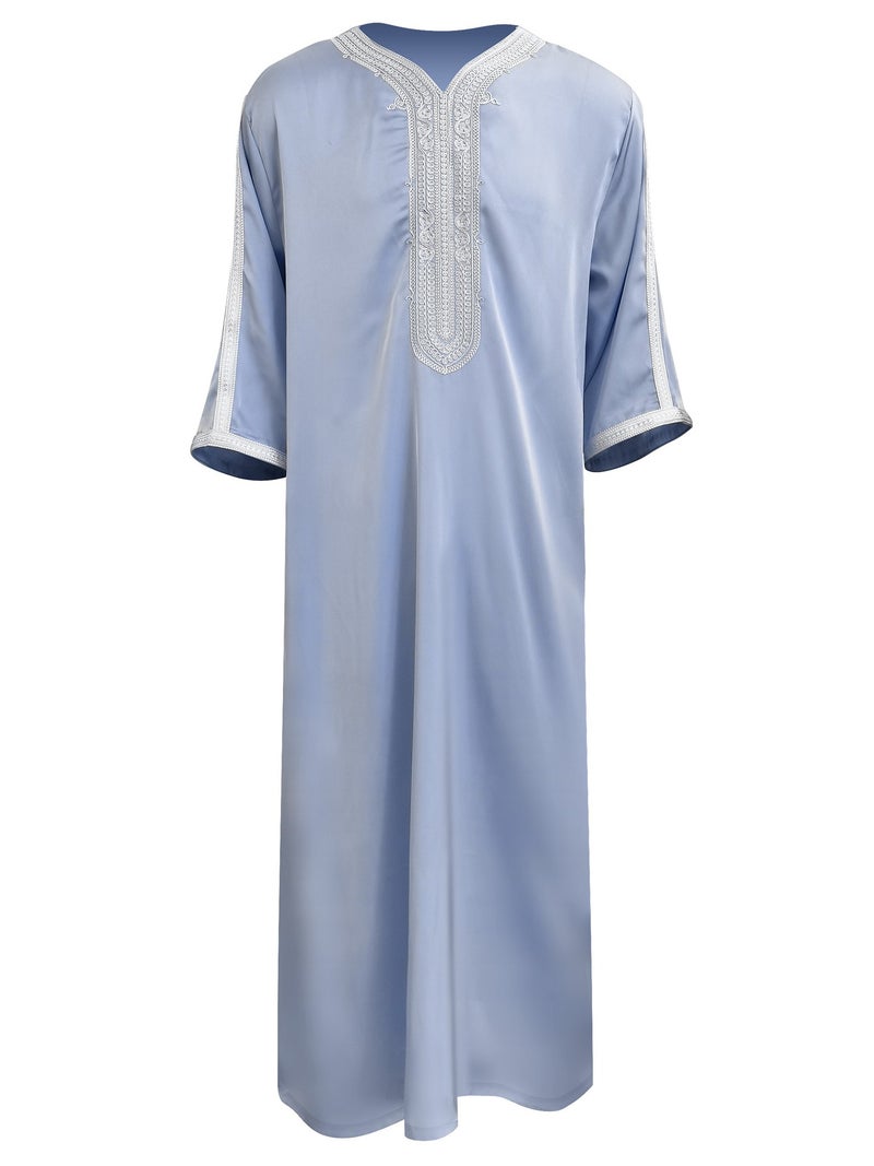 Men's Embroidered Thobe with Rope Stitch Detail & Side Pockets | Polyester Blend