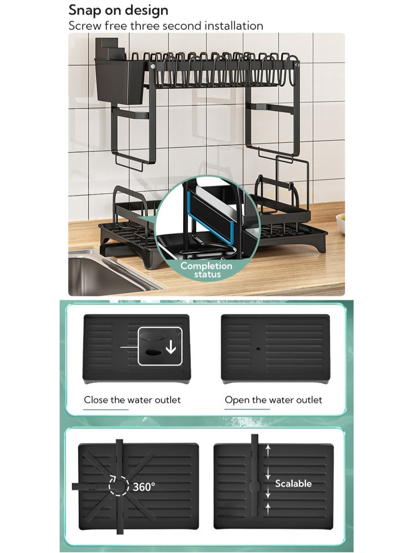 Toshionics 2 Tier Foldable Dish Drying Rack with Utensil Holder & Cutting Board Holder & Drainboard Tray, Rotatable Drainage System Scratch Resistant Frosted Baking Process Coatings, Large Black UK86279 - Image 4