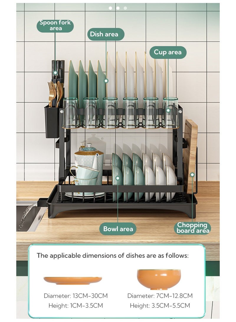 Toshionics 2 Tier Foldable Dish Drying Rack with Utensil Holder & Cutting Board Holder & Drainboard Tray, Rotatable Drainage System Scratch Resistant Frosted Baking Process Coatings, Large Black UK86279 - Image 2