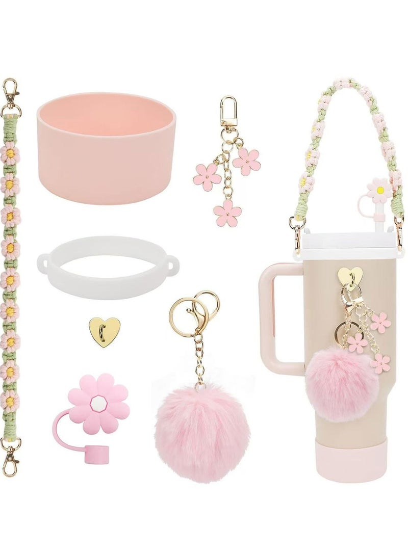 Mmmon 7 Pcs Cup Accessory Set Includes Water Bottle Handle Strap,Rubber Cup Ring,Bottle Box,Pipette Cap,Heart Hook,Floral Hanging Pendants,Pom pom(Light Pink)  - Image 1