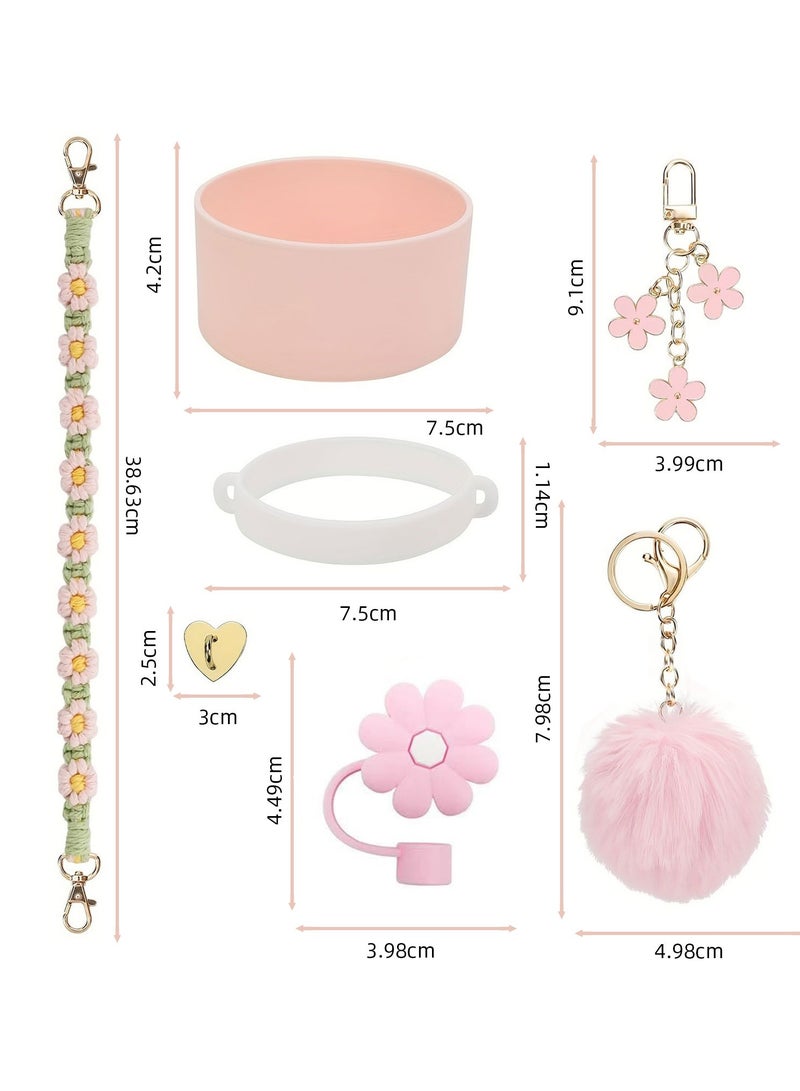 Mmmon 7 Pcs Cup Accessory Set Includes Water Bottle Handle Strap,Rubber Cup Ring,Bottle Box,Pipette Cap,Heart Hook,Floral Hanging Pendants,Pom pom(Light Pink)  - Image 2
