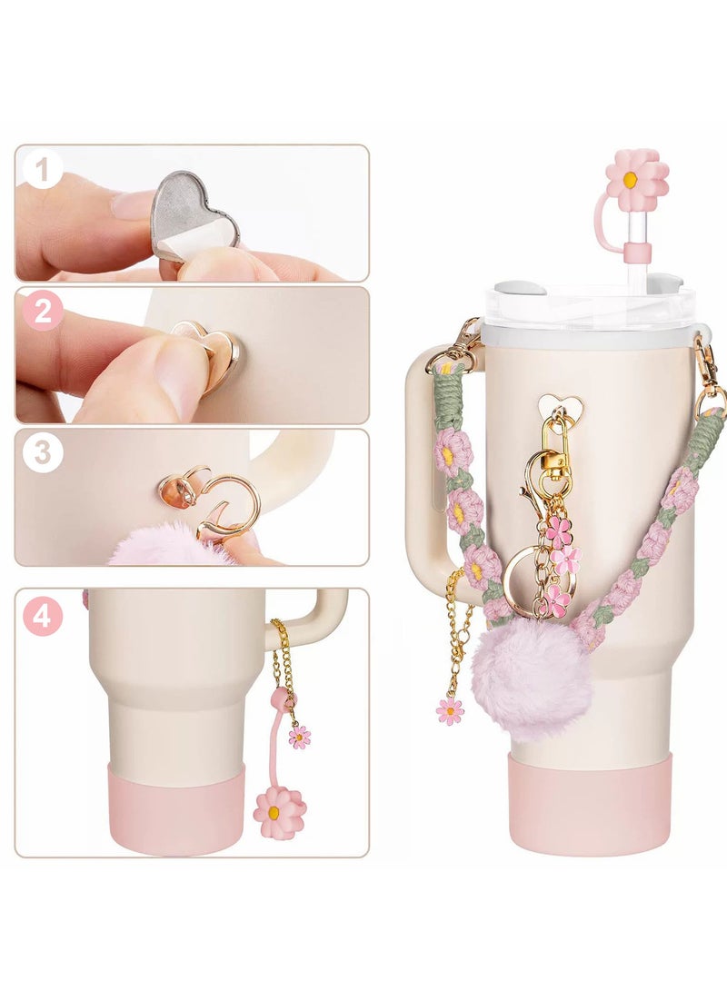 Mmmon 7 Pcs Cup Accessory Set Includes Water Bottle Handle Strap,Rubber Cup Ring,Bottle Box,Pipette Cap,Heart Hook,Floral Hanging Pendants,Pom pom(Light Pink)  - Image 3