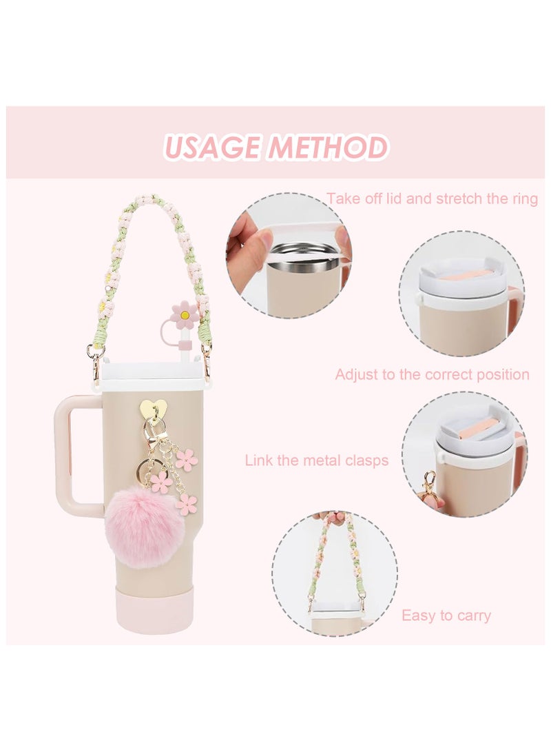 Mmmon 7 Pcs Cup Accessory Set Includes Water Bottle Handle Strap,Rubber Cup Ring,Bottle Box,Pipette Cap,Heart Hook,Floral Hanging Pendants,Pom pom(Light Pink)  - Image 4
