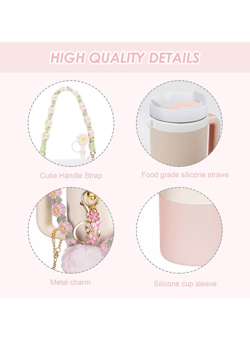 Mmmon 7 Pcs Cup Accessory Set Includes Water Bottle Handle Strap,Rubber Cup Ring,Bottle Box,Pipette Cap,Heart Hook,Floral Hanging Pendants,Pom pom(Light Pink)  - Image 5