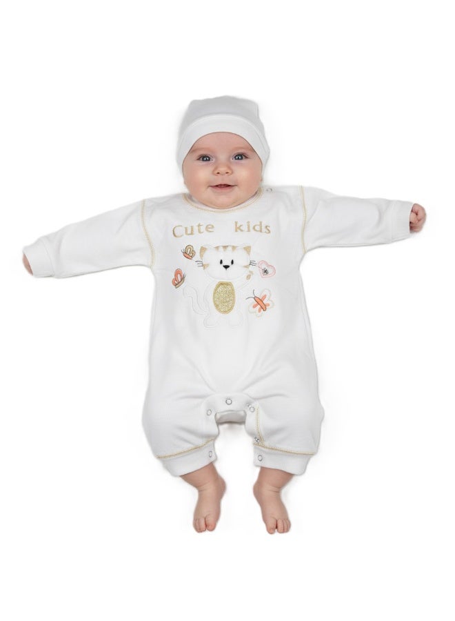 Egyptian Cotton 2 Piece White Jumpsuit and Ice Cap with Snaps, Embroidery Colors, Suitable for Newborn
