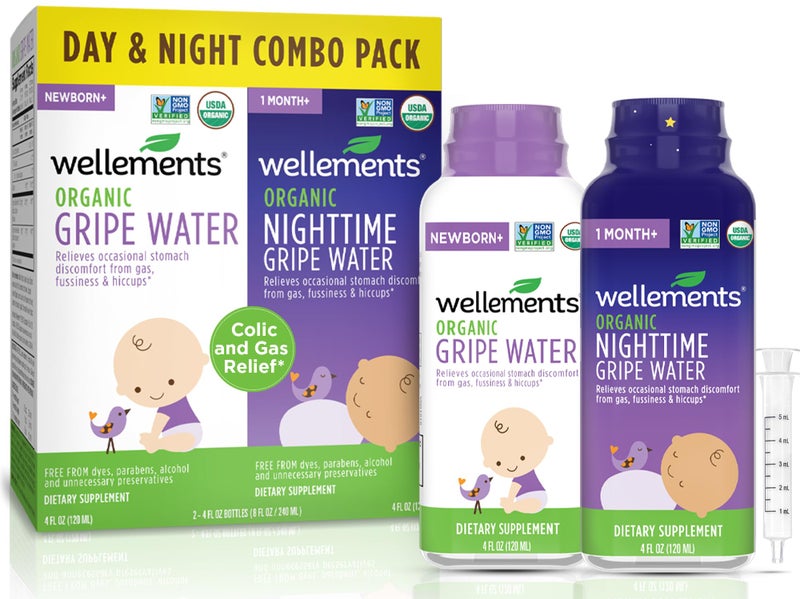 Wellements Organic Gripe Water for Babies Day & Night Combo Pack (4 Fl Oz) - Infant Gripe Water Newborn Calms Occasional Stomach Discomfort from Baby Gas, Colic, Hiccups & Fussiness - USDA Certified - Image 1