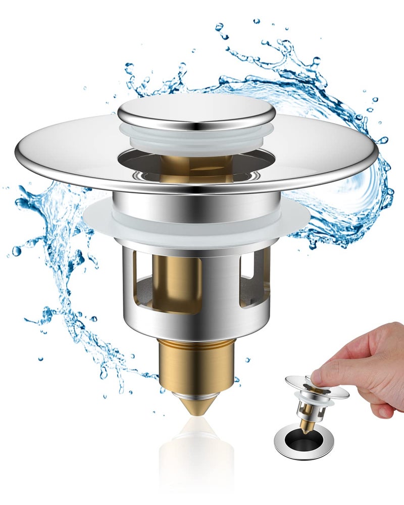 Hibbent Sink Plug Suitable for 25mm to 46mm Pop up Sink Plugs with Drain Strainer Brass Bounce Core PushType Drain Plug Universal Sink Stopper Replacement for Bathroom and KitchenChrome