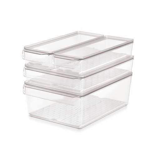 INKULTURE Clear Acrylic Fridge Organizer with Lid & Drain Tray | Clear Plastic Storage Bins for Refrigerator | Set of 4 Sizes | Stackable, BPA-Free Containers for Fruit, Vegetable, Food Storage etc - Image 1