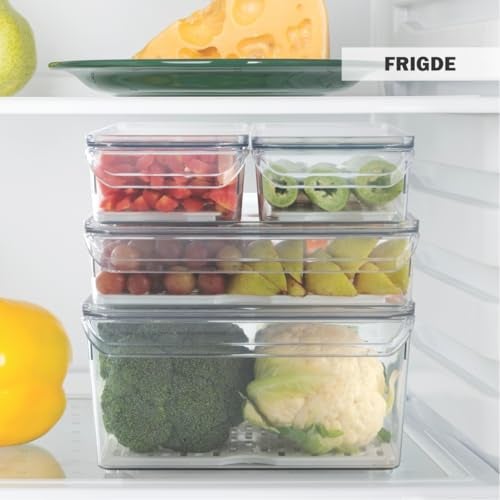 INKULTURE Clear Acrylic Fridge Organizer with Lid & Drain Tray | Clear Plastic Storage Bins for Refrigerator | Set of 4 Sizes | Stackable, BPA-Free Containers for Fruit, Vegetable, Food Storage etc - Image 3