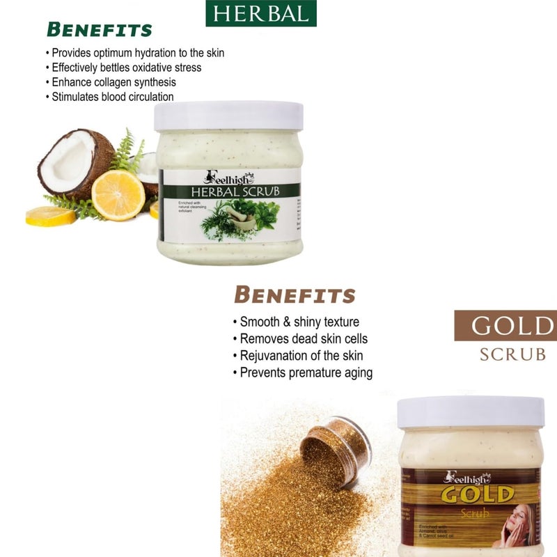 FEELHIGH Face  Body Herbal Scrub Helps to Hydartion to the skin Enriched Natural Cleansing Exfoliant500ml And Gold Glowing skin Scrub enriched with carrot seed oil 500ml Man  Woman - Image 2