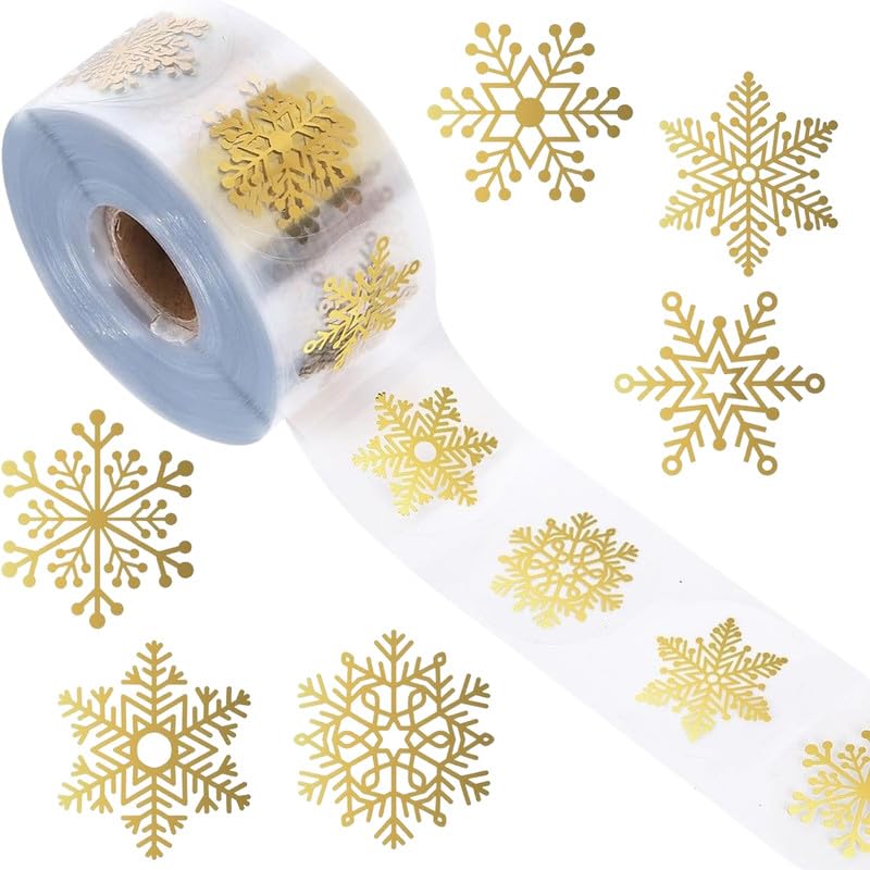 carl vinson® Snowflake Stickers Christmas Round Transparent Decoration Roll Pack of 1 - Gold 1 | 2.5cm/1inch*100 Stickers - Image 1