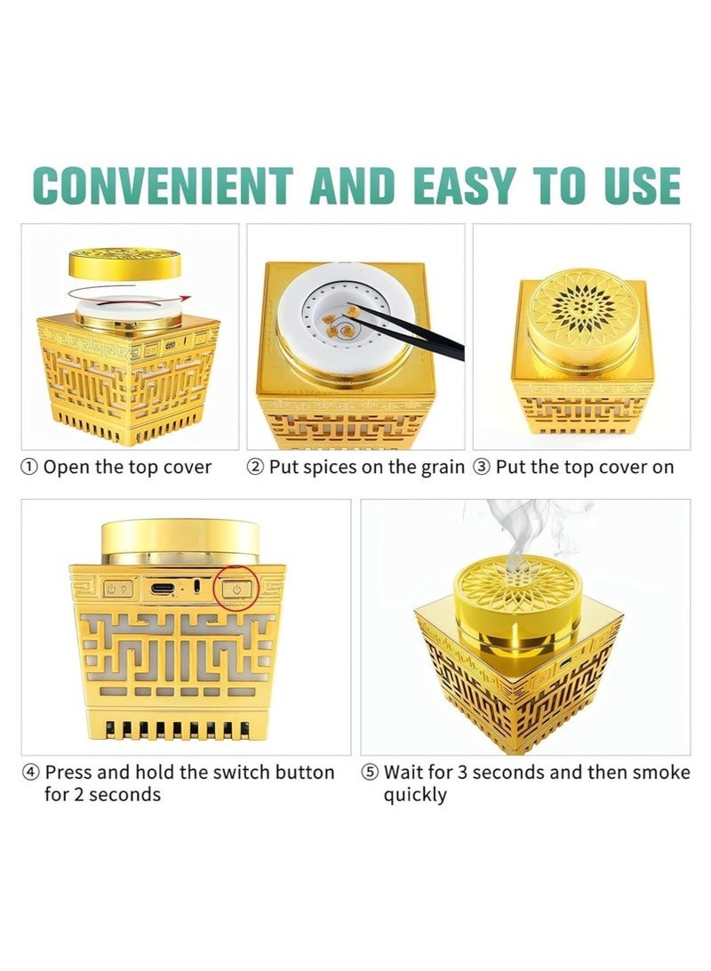 ELTRAZONE 2-in-1 Bluetooth Quran Speaker & Electric Bakhoor Burner – Portable USB Rechargeable Oud Diffuser with APP Control, LED Lighting & Aromatherapy Function – Gold Multifunctional Islamic Gift for Car, Home, Office, Ramadan, Eid & Daily Decor Use - Image 3