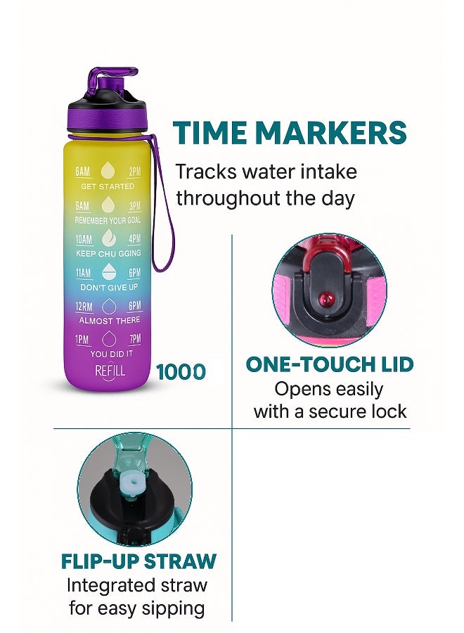 Toshionics 1000ml Motivational Water Bottle with Time Markers, One-Touch Lid, Flip-Up Integrated Straw, Dual Carry Handle and Non-Slip Lid - BPA-Free, Leak-Proof Lid, Eco- Friendly, Plastic, Reusable, Drink Reminder Water Bottle for Adults and Kids in School, Office, Daily Hydration, Gym, Fitness, Yoga, Cycling, Hiking, Outdoor Camping, Hiking, Sports and Travel, 32oz Bottle - Image 2