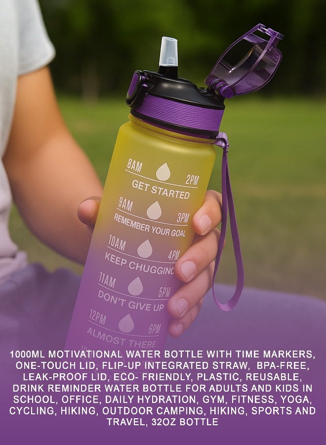 Toshionics 1000ml Motivational Water Bottle with Time Markers, One-Touch Lid, Flip-Up Integrated Straw, Dual Carry Handle and Non-Slip Lid - BPA-Free, Leak-Proof Lid, Eco- Friendly, Plastic, Reusable, Drink Reminder Water Bottle for Adults and Kids in School, Office, Daily Hydration, Gym, Fitness, Yoga, Cycling, Hiking, Outdoor Camping, Hiking, Sports and Travel, 32oz Bottle - Image 3