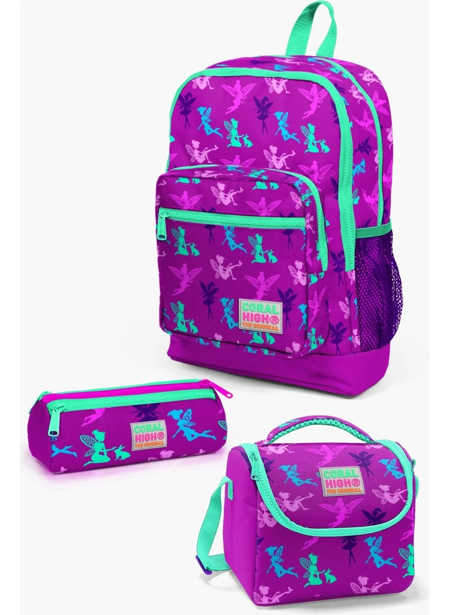 CORAL HIGH Kids Dark Pink Water Green Fairy Patterned 3-Piece School Bag Set SET0123109