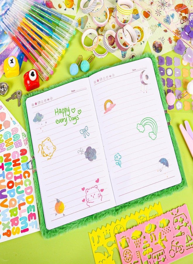 LiYiQ Plush Axolotl Diary Gift for Girls Kids Travel Journal Secret Diary with Scrapbook Paper Stickers Journal Stencils Pompom Pen and Washi Tape Practical Set Gift for Birthday Christma (Frog) - Image 3