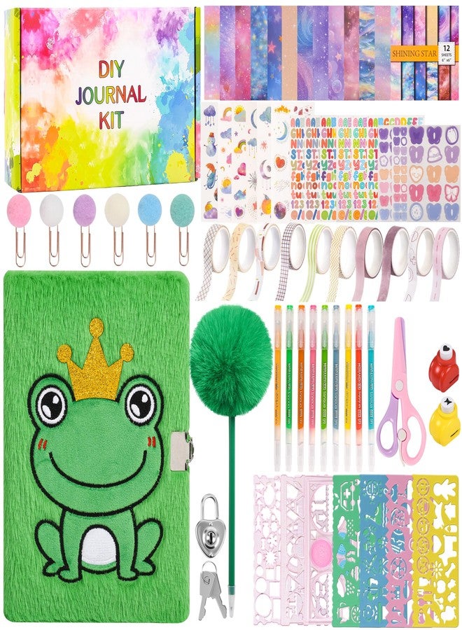 LiYiQ Plush Axolotl Diary Gift for Girls Kids Travel Journal Secret Diary with Scrapbook Paper Stickers Journal Stencils Pompom Pen and Washi Tape Practical Set Gift for Birthday Christma (Frog) - Image 1