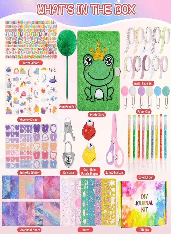 LiYiQ Plush Axolotl Diary Gift for Girls Kids Travel Journal Secret Diary with Scrapbook Paper Stickers Journal Stencils Pompom Pen and Washi Tape Practical Set Gift for Birthday Christma (Frog) - Image 2