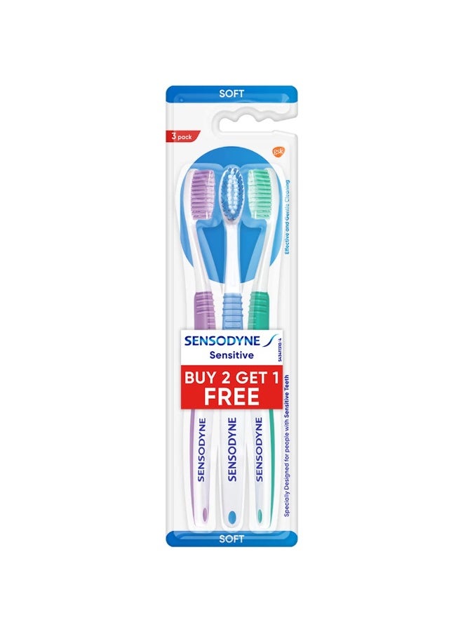 Sensodyne Sensitive Toothbrush | Soft Rounded Bristles Tooth Brush | Effective Cleaning, Gentle on Teeth, Toothbrush Set Pack of 3 (Buy 2 Get 1 Free), Multicolour