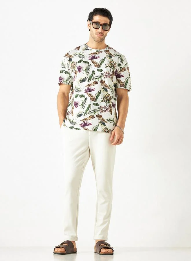 Iconic Iconic All-Over Tropical Print Crew Neck T-shirt with Short Sleeves