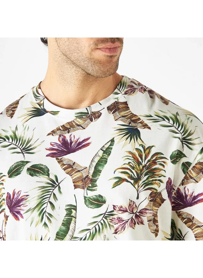 Iconic Iconic All-Over Tropical Print Crew Neck T-shirt with Short Sleeves