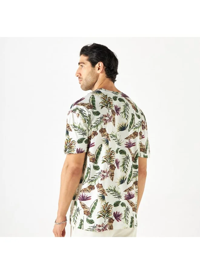 Iconic Iconic All-Over Tropical Print Crew Neck T-shirt with Short Sleeves