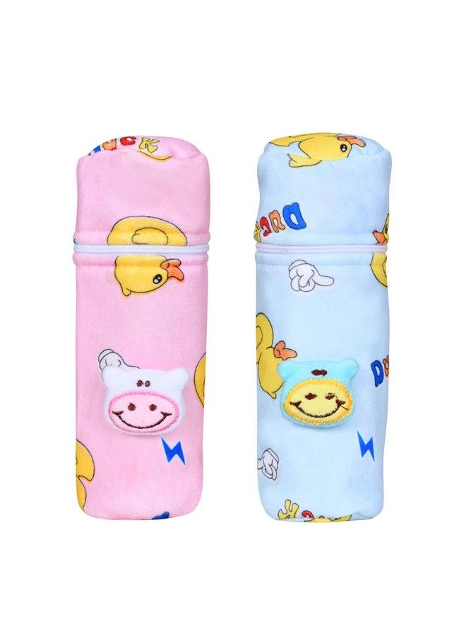 The Little Lookers Soft Plush Stretchable Baby Feeding Bottle Cover With Easy To Hold Strap ; Cute Animated Overall Print Pack Of 2 (Pink & Blue Zip Closure 120Ml 150Ml;4Oz5Oz)