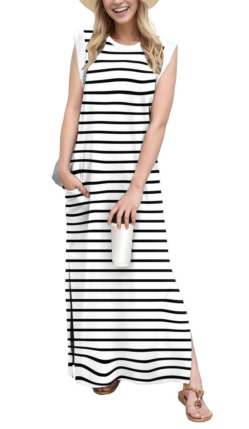 GRECERELLE Womens Summer Casual Round Neck Split Vacation Long Maxi Dress with Pockets (White Black Strip, Small) - Image 1