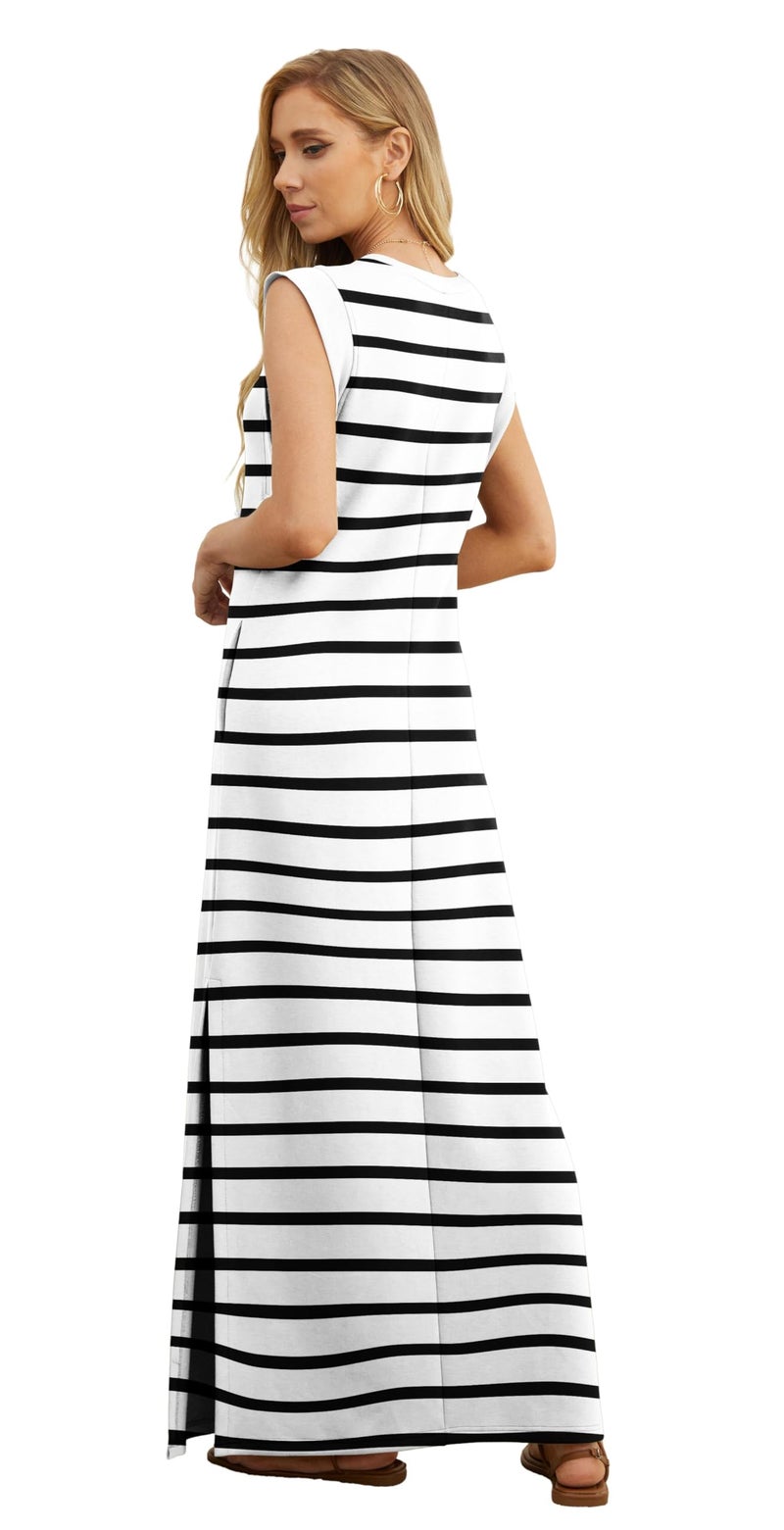 GRECERELLE Womens Summer Casual Round Neck Split Vacation Long Maxi Dress with Pockets (White Black Strip, Small) - Image 5