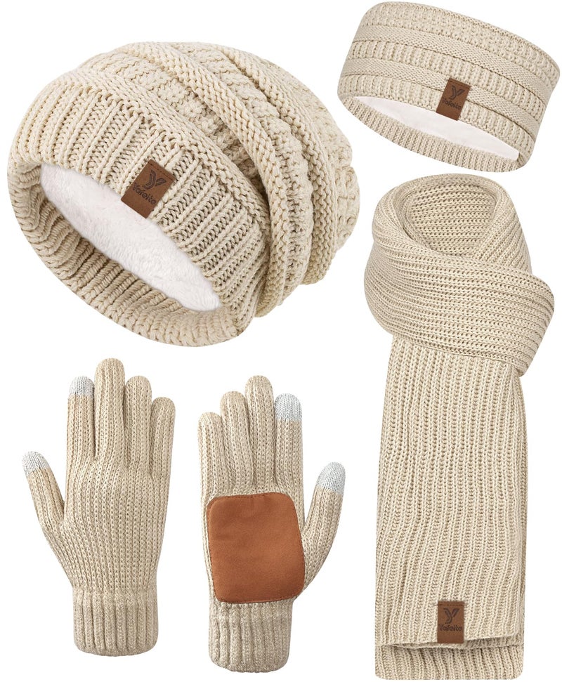 Yafeite Women Beanie Scarf Gloves Headband Set, Winter Fleece Lined Hat Ear Warmer Knit Scarf Women Gloves Gift Set 4 in 1 - Image 1