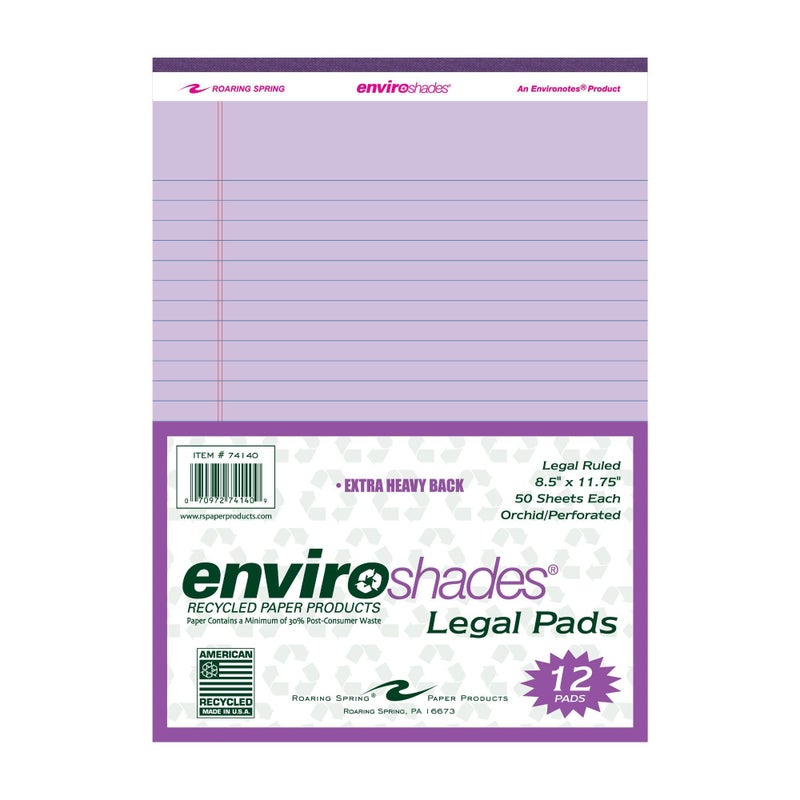 ROARING SPRING Enviroshades Recycled Colored Legal Pads, Orchid, 12 Pack, 8.5" x 11", Legal Ruled, 50 Sheets Per Pad, 15 lb Perforated Paper, Made in USA - Image 1