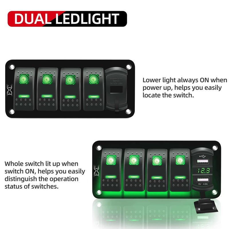 FXC 12V 24V DC 4 Gang Rocker Switch Aluminum Panel with Voltmeter & Dual USB(4.8 A) Fast Charging, Green Backlit Led, Pre-Wired Waterproof for Marine, Boat, Car, Truck, Polaris, Jeep (Green) - Image 2