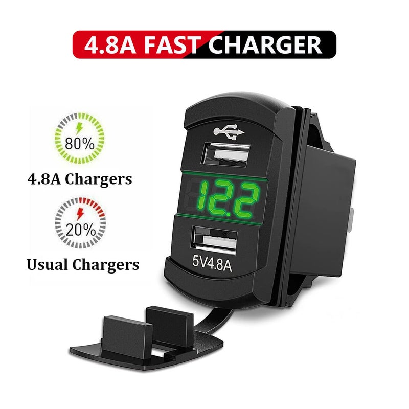 FXC 12V 24V DC 4 Gang Rocker Switch Aluminum Panel with Voltmeter & Dual USB(4.8 A) Fast Charging, Green Backlit Led, Pre-Wired Waterproof for Marine, Boat, Car, Truck, Polaris, Jeep (Green) - Image 3