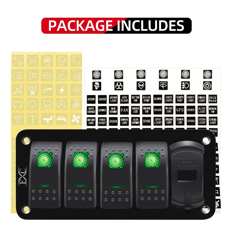 FXC 12V 24V DC 4 Gang Rocker Switch Aluminum Panel with Voltmeter & Dual USB(4.8 A) Fast Charging, Green Backlit Led, Pre-Wired Waterproof for Marine, Boat, Car, Truck, Polaris, Jeep (Green) - Image 4