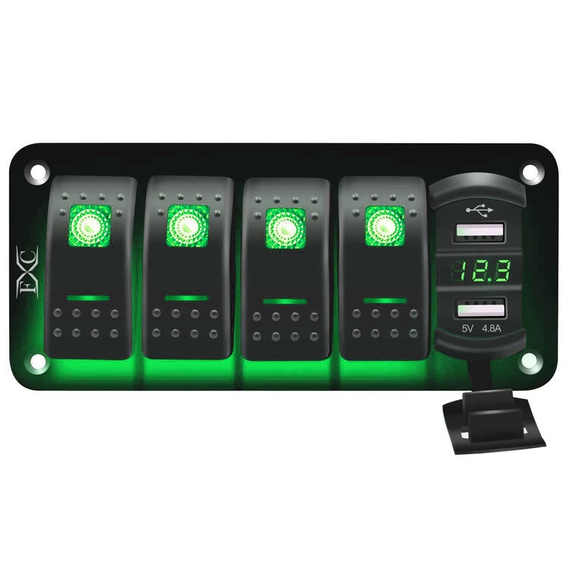 FXC 12V 24V DC 4 Gang Rocker Switch Aluminum Panel with Voltmeter & Dual USB(4.8 A) Fast Charging, Green Backlit Led, Pre-Wired Waterproof for Marine, Boat, Car, Truck, Polaris, Jeep (Green) - Image 1