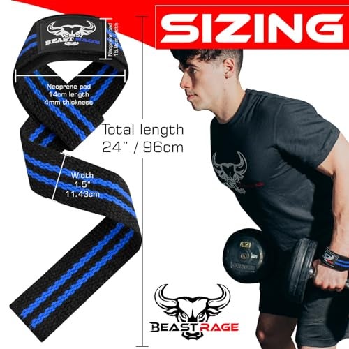BEAST RAGE Lifting Wrist Straps for Weightlifting, Straps Gym Grip Power Workouts Lifting Straps Padded Neoprene & Premium Cotton Men Women, Deadlift Bodybuilding Exercise Lifting Straps (Black/blue) - Image 3