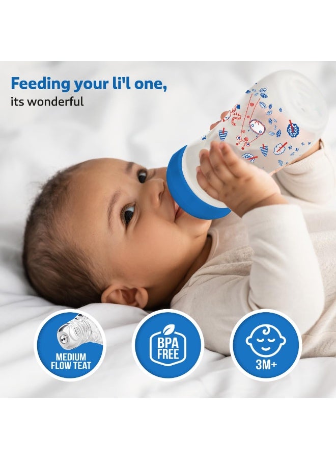 لوفلاب زجاجة رضاعة لوف لاب الأساسية المضادة للمغص، ذات رقبة رفيعة/عادية، 250 مل (عبوة من قطعتين)، مناسبة للأطفال حديثي الولادة/الرضع/الأطفال الصغار حتى 3 سنوات، بنقشة حكايات الغابة والزهور البرية، خالية من مادة BPA، لون أزرق - Image 3