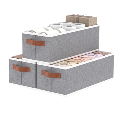OUTBROS Storage Baskets, Foldable Bins for Shelves, Fabric Boxes With Handles, Wardrobe Organiser, For Bedrooms, Living Rooms, Grey, 15 x 6.1 x 5.1 inch, 3-Pack - Image 1