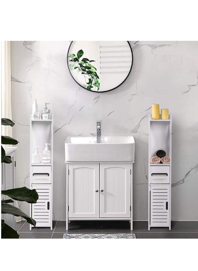 Small Bathroom Storage Corner Floor Cabinet with Doors and Shelves Thin Toilet Vanity Cabinet Narrow Bath Sink Organizer