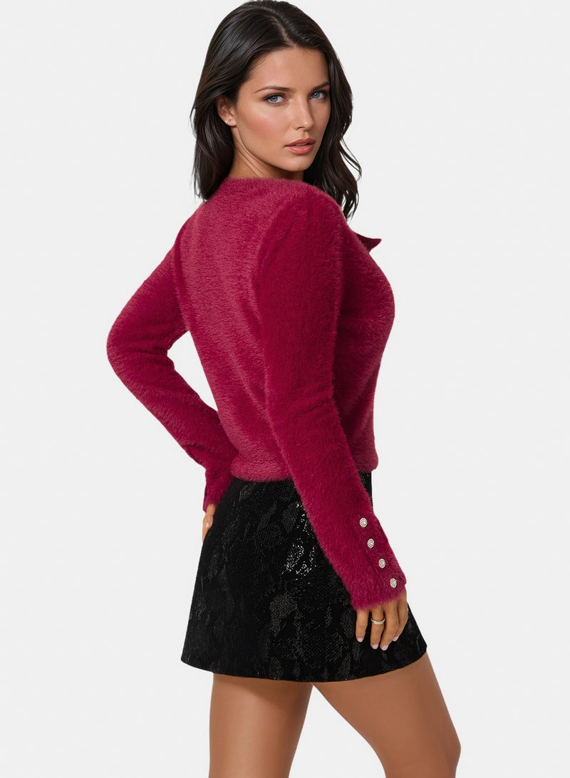 bebe Jewel Button Fuzzy Cardigan - Image 3