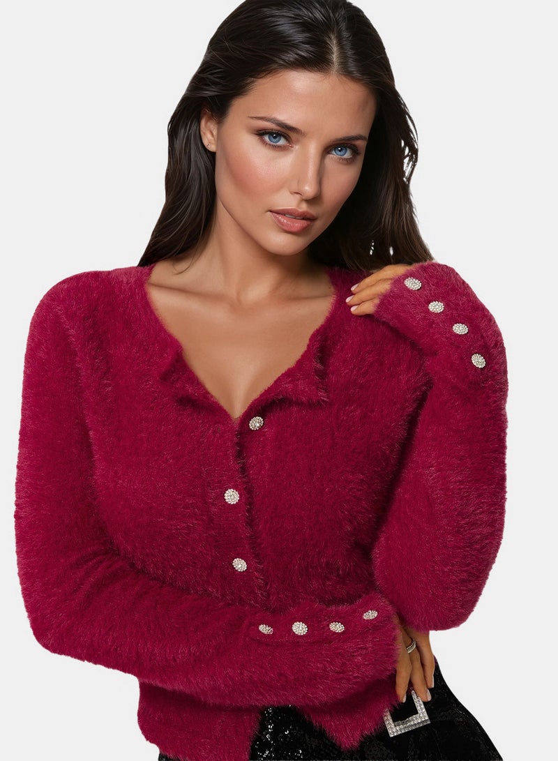 bebe Jewel Button Fuzzy Cardigan - Image 1