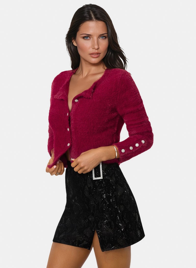 bebe Jewel Button Fuzzy Cardigan - Image 4