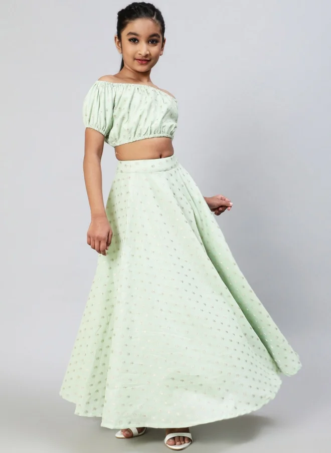 AKS Sea Green Ethnic Motif Crop Top And Skirt Set For Girls