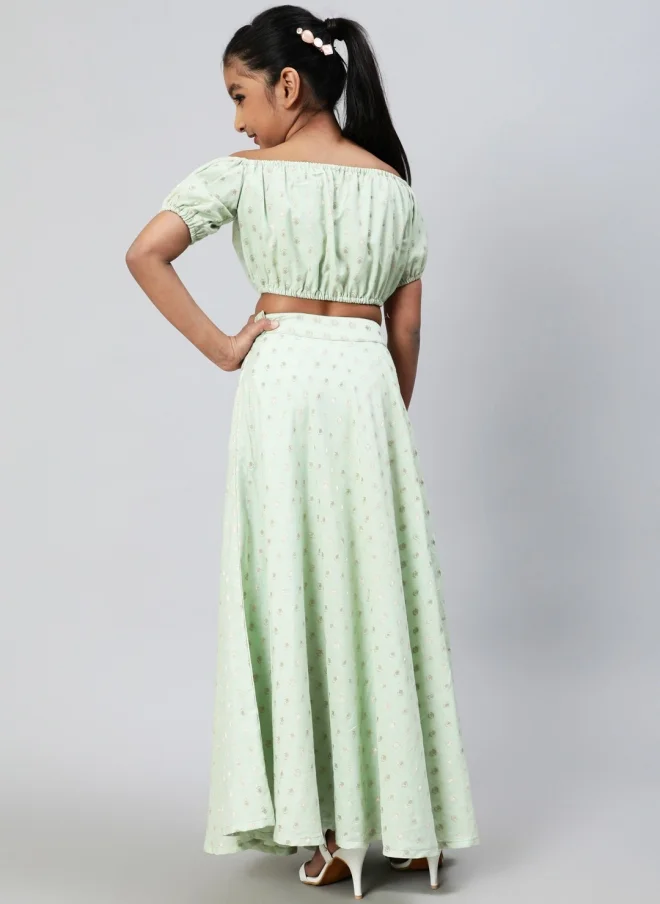 AKS Sea Green Ethnic Motif Crop Top And Skirt Set For Girls