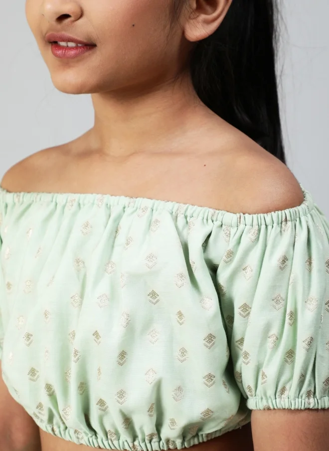 AKS Sea Green Ethnic Motif Crop Top And Skirt Set For Girls
