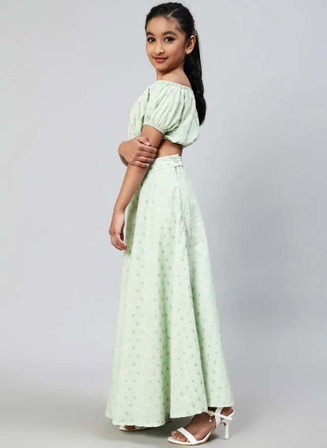 AKS Sea Green Ethnic Motif Crop Top And Skirt Set For Girls