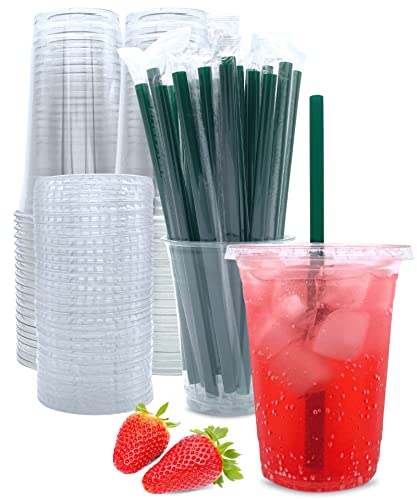 Aatriet 16 oz Clear Plastic Cups with Lids and Straws, Disposable Coffee Cups 25 Sets - Image 1