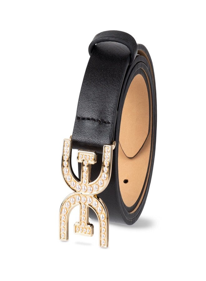 Sam Edelman Women's Pearl Embellished Double-E Logo Plaque Buckle Belt, Black, Medium - Image 3